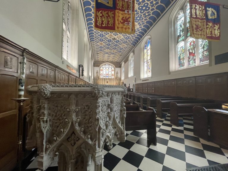 The font made by Edward Blore 1864 inside Savoy Chapel