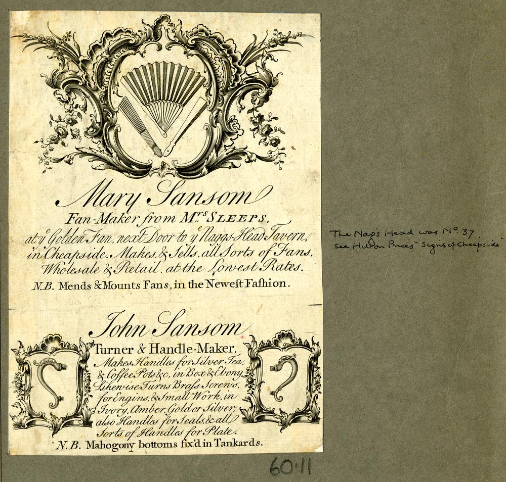 Mary Sansom's business card as displayed in the British Museum