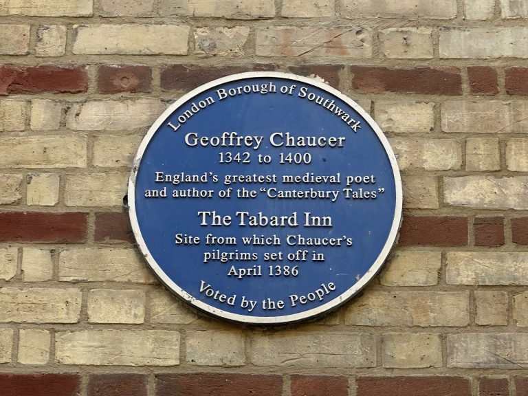 Blue plaque at the site of the Tabard inn in Southwark
