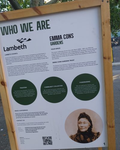 Sign board for Emma Cons square outside the Old Vic | London Guided Walks | Photo by Barbara Wright