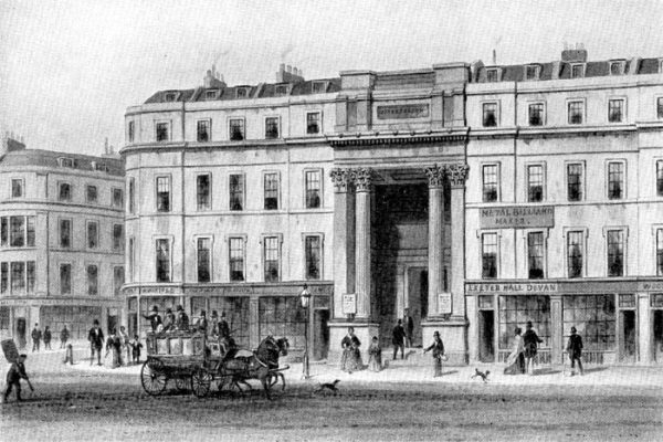 Exeter Hall engraved - Postcard engraving, Public domain, via Wikimedia Commons