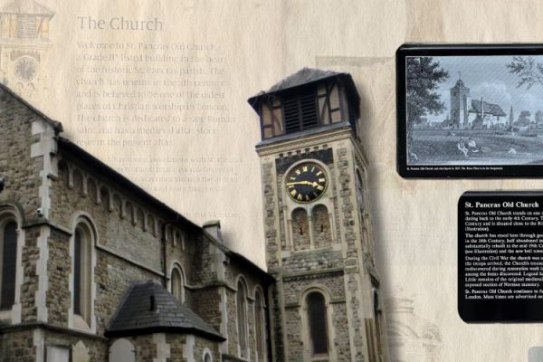 A historic view of St Pancras Old Church in King’s Cross, London.