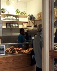 Looking through a doorway into a artisan Bakery on Broadway Market, Hackney