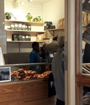 Looking through a doorway into a artisan Bakery on Broadway Market, Hackney