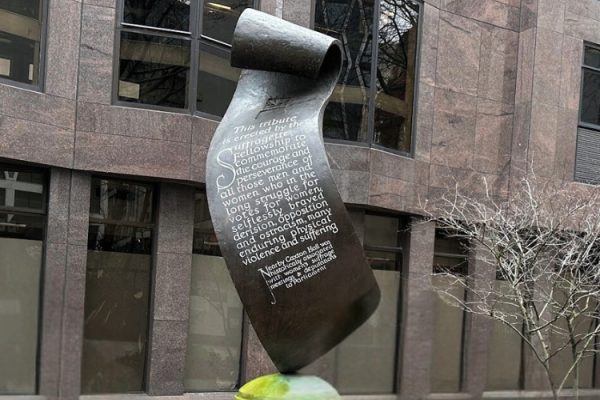 alt="The Suffragette Scroll sculpted by Edwin Russell in Westminster"